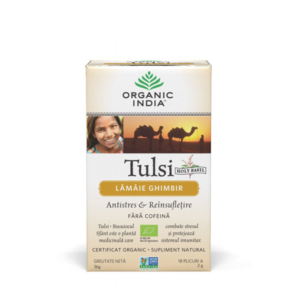 Ceai Tulsi (Busuioc Sfant) cu lamaie si ghimbir (plicuri) (fara gluten) BIO Organic India – 36 g
